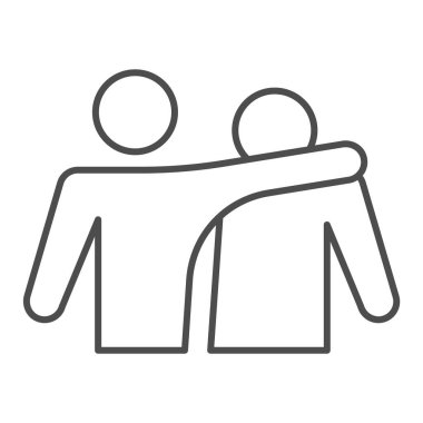 İki arkadaş, ince çizgi ikonu. Mutlu adamların yakın kucaklaşması, dostluk sembolü, beyaz arka planda ana hatlı resim. Mobil konsept ve web tasarımı için ilişki işareti. Vektör grafikleri.