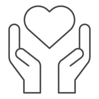 Eller kalp çizgisi ikonunu tutuyor. Avuç içi sembolündeki hayırseverlik ve aşk şekli, beyaz arka planda ana hatlı resim. Mobil konsept ve web tasarımı için ilişki işareti. Vektör grafikleri.