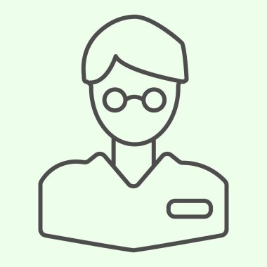Bilim adamı ince çizgi ikonu. Gözlüklü bir araştırmacı ya da kimyager beyaz arka planda resim çiziyor. Mobil konsept ve web tasarımı için araştırma ve deney işaretleri. Vektör grafikleri.