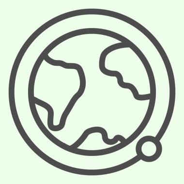 Yörünge çizgisi ikonu olan Dünya gezegeni. Gezegenin yörüngesinde dönen yapay uydular beyaz arkaplanda resim çiziyor. Gezici konsept ve web tasarımı için evren işaretleri. Vektör grafikleri.