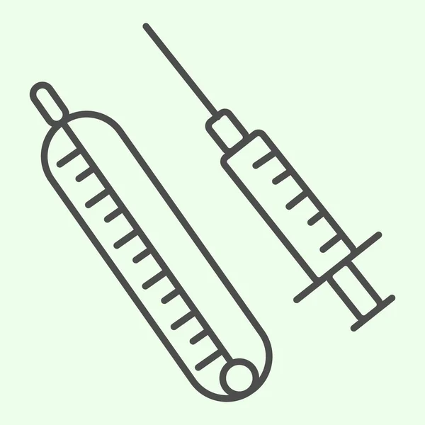 注射器细线图标。带有疫苗和温度计的医用注射器在白色背景上勾勒出样式象形文字。移动概念和网页设计的化学和医学标志。矢量图形. — 图库矢量图片