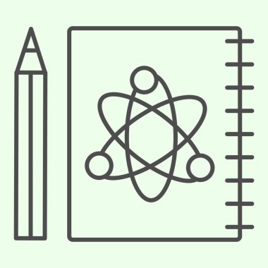 Bilim notları ince çizgi ikonu. Beyaz arkaplanda atomun sembolü ve kalem anahatlı resim çizimi olan çalışma kitabı. Mobil konsept ve web tasarımı için kimya ve tıp işaretleri. Vektör grafikleri.