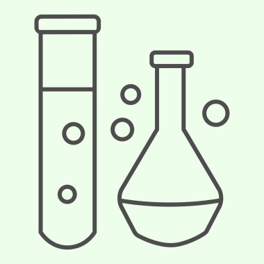 Kimyasal madde ince çizgi ikonu. Laboratuvar şişesi ve test tüpü, beyaz arka planda sıvı anahatlı resim çizimi. Mobil konsept ve web tasarımı için bilim teknolojisi işaretleri. Vektör grafikleri.