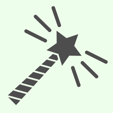 Sihirli değnek ve katı ikon. Yıldızlı sihirbaz çubuğu ve beyaz arkaplanda parlayan glifli resim. Cadılar Bayramı veya Cadılık ve mobil konsept ve web tasarımı için sihirli işaretler. Vektör grafikleri.