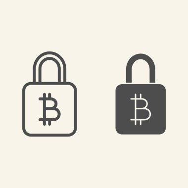 Bitcoin kilit hattı ve sembol. Bitcoin güvenlik vektör çizimi beyaza izole edildi. Şifreli para koruma tasarımı, web ve uygulama için tasarlanmış. Eps 10.
