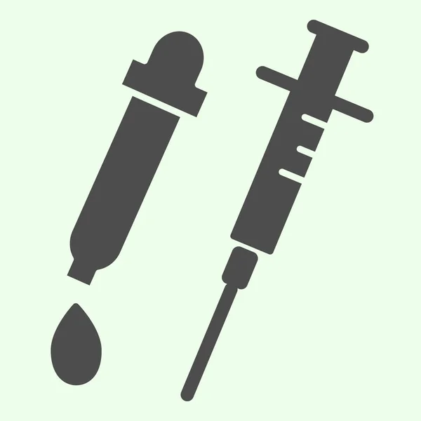 射出固体アイコン。白地にワクチン接種とピペットグリフスタイルのピクトグラムのための医療注射器。モバイルコンセプトとウェブデザインのための化学と生物学的標識。ベクトルグラフィックス. — ストックベクタ