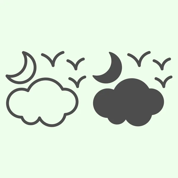 ハロウィーンの曇りの夜の行と固体アイコン。白い背景に雲や鳥のアウトラインスタイルのピクトグラムと半月。モバイルコンセプトとウェブデザインのための魔女や魔法の兆候。ベクトルグラフィックス. — ストックベクタ