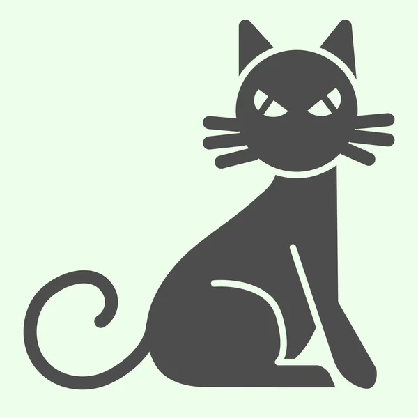 Kočičí ikona čarodějnice. Děsivá kočka sedí bokem a zírá na piktogram ve stylu glyfu na bílém pozadí. Halloween nebo čarodějnické značky pro mobilní koncept a web design. Vektorová grafika. — Stockový vektor