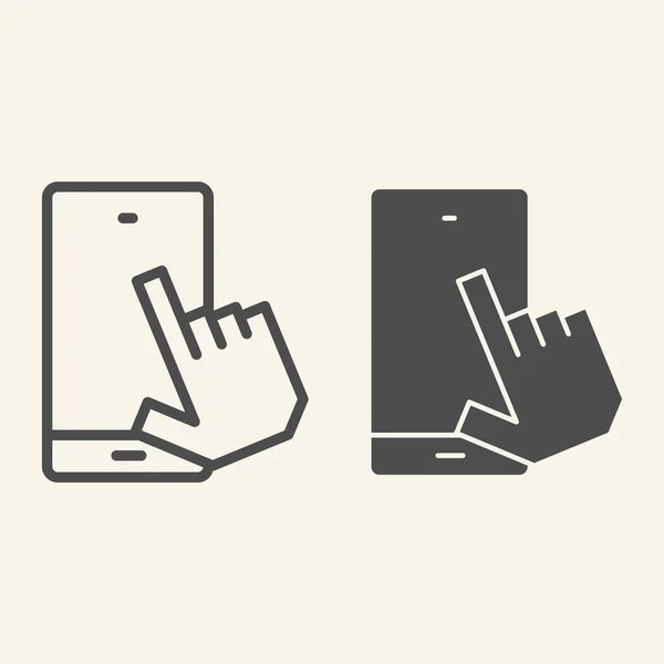 Smartphone with pointing hand line and glyph icon. Touch screen vector illustration isolated on white. Click on mobile screen outline style design, designed for web and app. Eps 10. — Stock Vector