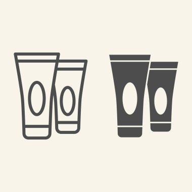 Krem boru hattı ve katı bir ikon. İki kozmetik krem tüpü sembolü, bej arka planda ana hatlı resim. Mobil konsept ve web tasarımı için otel kozmetik sözleşmesi. Vektör grafikleri.