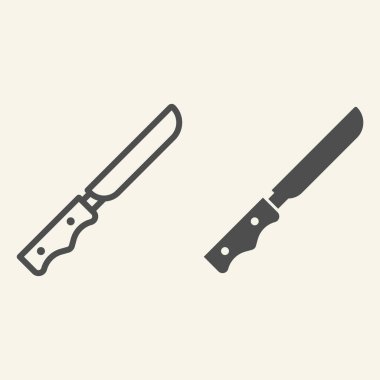 Bıçak çizgisi ve sağlam bir ikon. Aşçılık sembolü için mutfak bıçağı, bej arka planda ana hatlı resim. Mobil konsept ve web tasarımı için mutfak gereçleri ve ekipman tabelası. Vektör grafikleri.