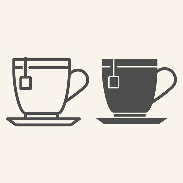 Linha de chá e ícone sólido. Xícara de chá com símbolo de teca, esboço pictograma estilo no fundo bege. Bebida quente no sinal do copo para o conceito móvel e web design. Gráficos vetoriais . — Vetor de Stock