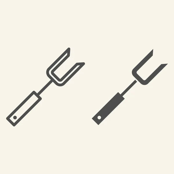 Linia Grill Fork i solidna ikona. Grill stalowy widelec symbol, zarys stylu piktogram na beżowym tle. Bbq naczynia do gotowania znak dla mobilnej koncepcji i projektowania stron internetowych. Grafika wektorowa. — Wektor stockowy