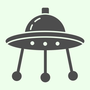 Uzaylı uzay gemisi katı simgesi. Beyaz arkaplanda uzay aracı ya da UFO gemi plakası resmi. Mobil konsept ve web tasarımı için uzay ve astronomi işaretleri. Vektör grafikleri.