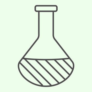 Kimya ince çizgi ikonu. Beyaz zemin üzerinde sıvı hatlı pictogram olan laboratuvar matarası camı. Mobil konsept ve web tasarımı için bilim ve biyoloji işaretleri. Vektör grafikleri.