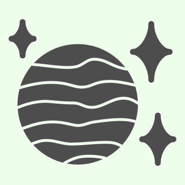 Gezegen küresi katı simge. Beyaz arkaplanda yıldızların kabartma stili piktogramıyla soyut gökyüzü uzay teması. Gezici kavram ve web tasarımı için evren ve evren işaretleri. Vektör grafikleri.