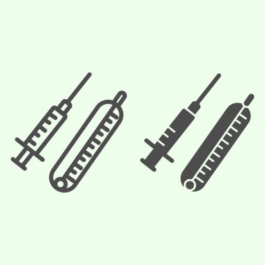 Şırınga hattı ve sağlam bir ikon. Aşılı tıbbi şırınga ve beyaz arka planda termometre hatlı resim. Mobil konsept ve web tasarımı için kimya ve tıp işaretleri. Vektör grafikleri.