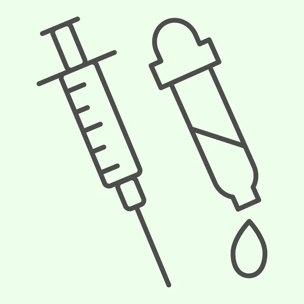 Icono de línea delgada de inyección. La jeringa médica para la vacunación y la pipeta describen el pictograma de estilo sobre fondo blanco. Signos de química y biología para el concepto móvil y el diseño web. Gráficos vectoriales . — Vector de stock