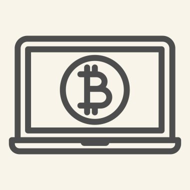 Bitcoin çizgisi simgesi ile açılan dizüstü bilgisayar. Defter vektör illüstrasyonundaki şifreli para beyaza izole edilmiş. Şifreli para birimi tasarımı, web ve uygulama için tasarlanmış. Eps 10.