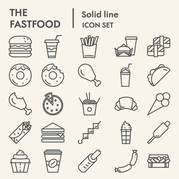 Fast food çizgisi simgesi seti, yiyecek sembolleri koleksiyonu, vektör çizimleri, logo illüstrasyonları, beyaz arkaplanda izole edilmiş doğrusal yemek işaretleri piktogramları paketi, 10. — Stok Vektör