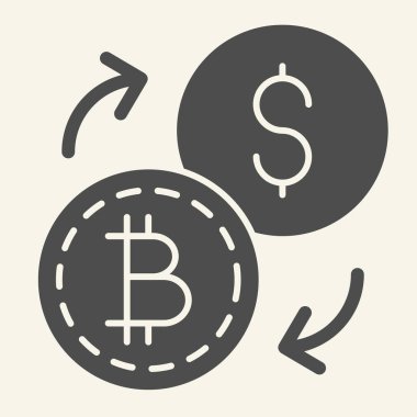 Bitcoin 'den dolar takas simgesine. Kripto para birimi değişim vektör çizimi beyaza izole edildi. Oklu kripto para ve dolar, glifli tasarım, web ve uygulama için tasarlanmış. Eps 10.