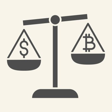 Para dengesi ve kripto para birimi simgesi. Bitcoin ve dolar beyaz üzerine izole edilmiş ölçekli vektör illüstrasyonu üzerine. Bitcoin ve dolar terazi tasarımı, web ve uygulama için tasarlandı. Eps 10.