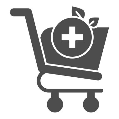 Eczane alışverişi sembolü. Tıbbi işaretli market arabası. Ticari vektör tasarımı konsepti, beyaz arka planda sağlam bir pictogram, web ve uygulama için kullan. Eps 10.