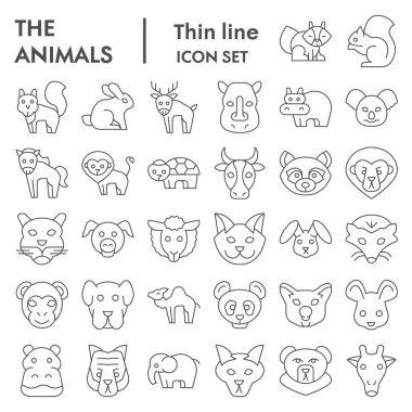 Hayvanlar için ince çizgi simgesi seti, Vahşi doğa koleksiyonu, vektör çizimleri, logo illüstrasyonları, web sembolleri, beyaz arkaplanda izole edilmiş doğrusal piktogram paketi,.