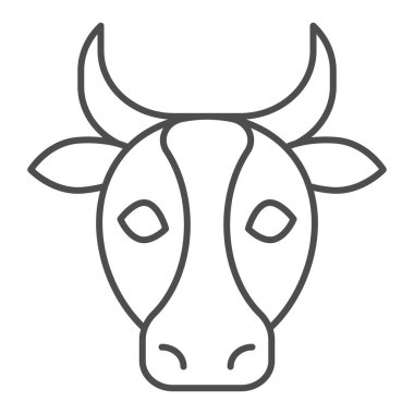 İnek, boğa başlı ince çizgi ikonu. Çiftlik hayvanı suratlı siluet, sana bakıyorum. Hayvanlar için vektör tasarımı konsepti, beyaz arka planda taslak biçim piktogramı, web ve uygulama için kullanım. Eps 10.