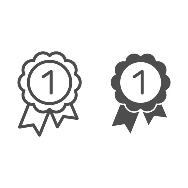 Linea di ricompensa e icona del glifo. Medaglia rotonda con illustrazione vettoriale a nastro isolata su bianco. Design dello stile del profilo del premio, progettato per il web e l'app. Eps 10 . — Vettoriale Stock