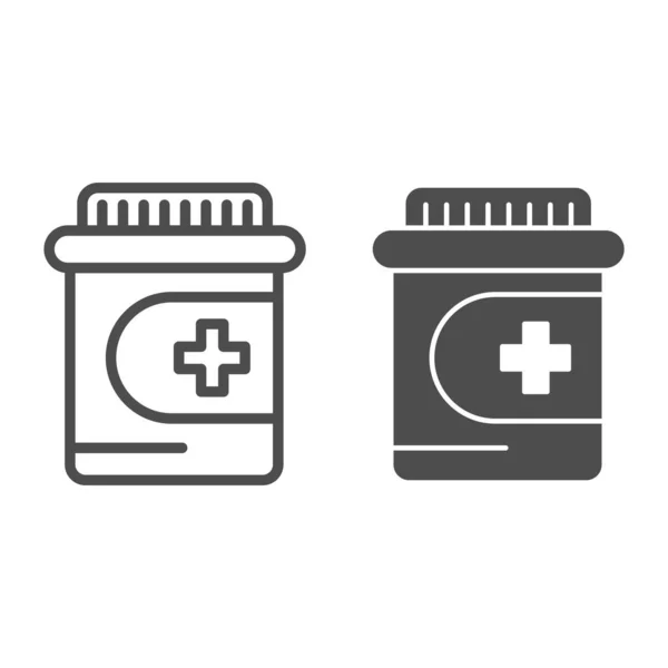 Drugsfles lijn en glyph icoon. Farmaceutische potvector illustratie geïsoleerd op wit. Medicatie overzicht stijl ontwerp, ontworpen voor web en app. Eps 10. — Stockvector