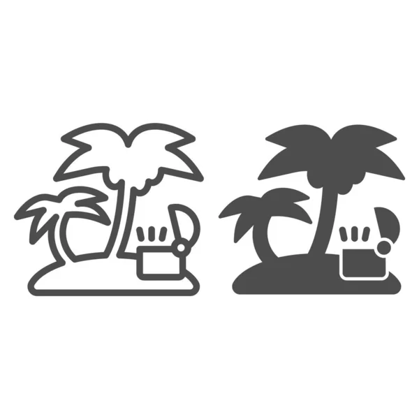 Відкрити скриню скарбів на лінії острова і значок гліфа. Тропічний острів з пальмою Векторні ілюстрації ізольовані на білому. Острів зі стародавнім дизайном контурів грудей, призначений для веб та додатків. Епс 10 . — стоковий вектор