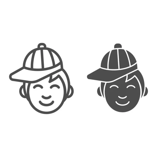 Niño con la línea de la tapa y el icono de glifo. Hombre joven con ilustración vectorial gorra de béisbol aislado en blanco. Diseño de estilo de contorno de sombrero masculino, diseñado para web y aplicación. Eps 10 . — Vector de stock