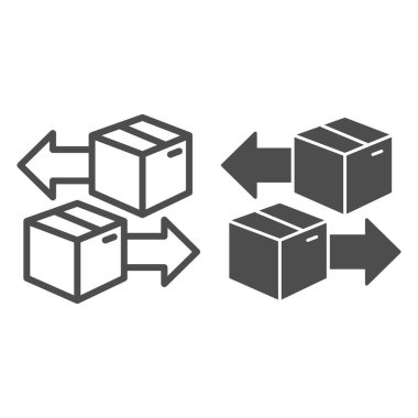 Ok çizgili karton kutular ve katı ikon, dağıtım ve lojistik sembol, beyaz arkaplan üzerinde ok vektör işareti olan kargo kutuları, paket ana hatlarını belirleme biçimi. Vektör grafikleri.