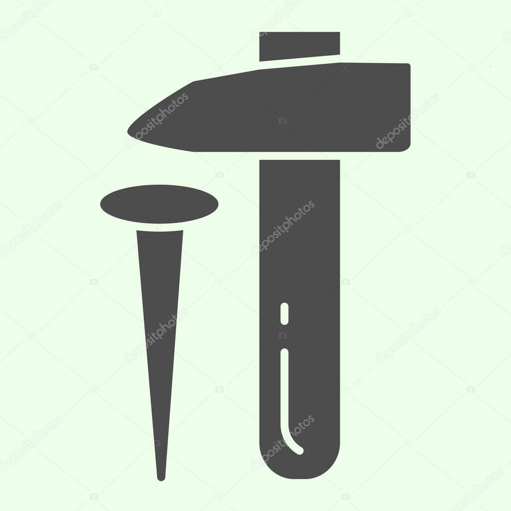 Hammer and nail solid icon. Carpentry handle equipment glyph style pictogram on white background. House repair and renovation tools signs for mobile concept and web design. Vector graphics.