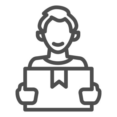 Kutu satırı simgesi, dağıtım lojistik servis sembolü, beyaz arkaplanda kurye vektör işareti, mobil konsept ve web tasarımı için ana hatlı kutu simgesi taşıyan kurye adam. Vektör grafikleri.