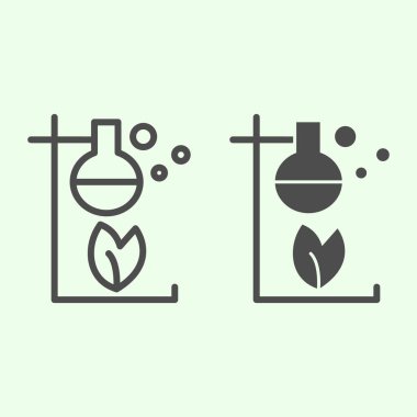 Biyolojik reaksiyon çizgisi ve katı bir ikon. Çevresel laboratuvar kimyasal deneyimi. Beyaz arka planda eko şişe taslağı. Mobil konsept ve web tasarımı için biyoloji işaretleri. Vektör grafikleri.