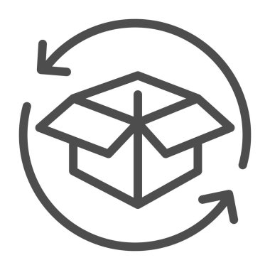 Kargo kutusunda ok çizgisi simgesi, teslimat paketi ve lojistik taşıma sembolü, beyaz arka planda paket dönüş vektör işareti, ok simgesi çizili dağıtım işlem kutusu. Vektör.