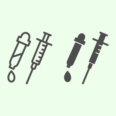 Enjeksiyon hattı ve katı ikon. Aşı için tıbbi şırınga ve beyaz arka planda pipet hatlı resim. Mobil konsept ve web tasarımı için kimya ve biyoloji işaretleri. Vektör grafikleri.