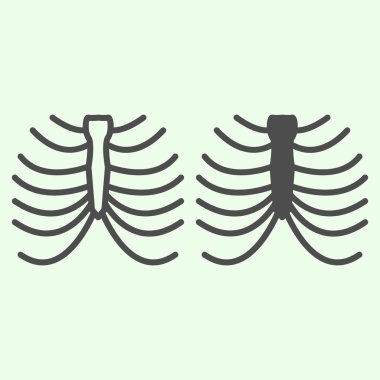 Göğüs kafesi iskelet çizgisi ve katı bir ikon. Beyaz arka planda insan göğüs röntgeni çizimi. Mobil konsept ve web tasarımı için anatomi ve organlar işaretleri. Vektör grafikleri.