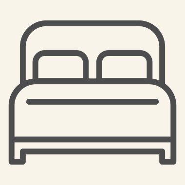 Çift sıra ikonu. Otel odası sembolü, bej arka planda ana hatlı resim. Mobil konsept ve web tasarımı için mobilya tabelası. Vektör grafikleri.