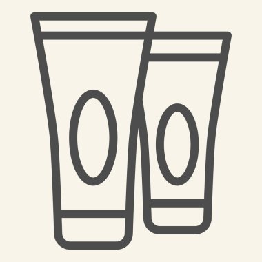 Krem boru hattı simgesi. İki kozmetik krem tüpü sembolü, bej arka planda ana hatlı resim. Mobil konsept ve web tasarımı için otel kozmetik sözleşmesi. Vektör grafikleri.