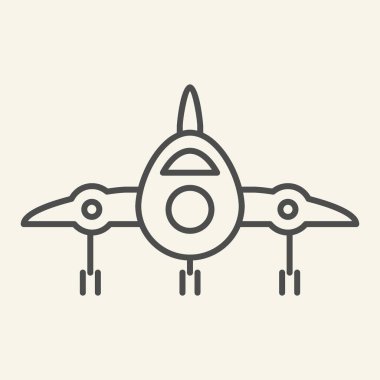 Jet savaş uçağı önü, ince çizgi ikonu. Uçak vektör çizimi beyaza izole edildi. Hava taşımacılığı tasarımı, web ve uygulama için tasarlandı. Eps 10.