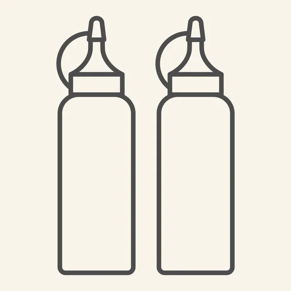 Ketchup and mustard thin line icon. Two bottles with sauce vector illustration isolated on white. Container outline style design, designed for web and app. Eps 10. — Stock Vector