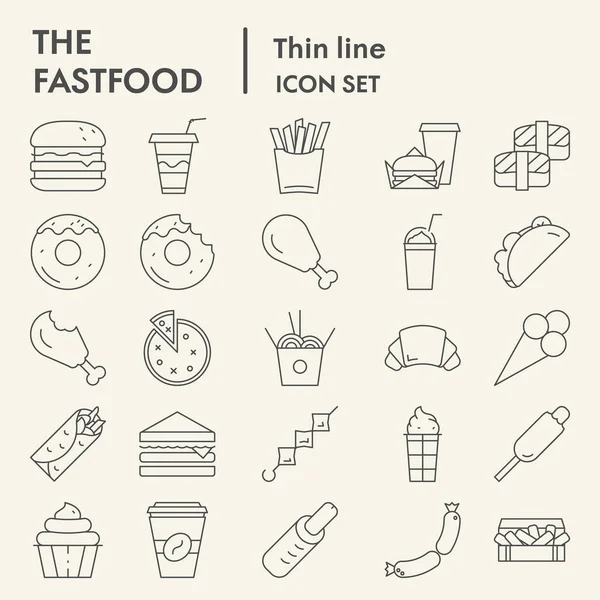 Fast food ince çizgi simgesi seti, yiyecek sembolleri koleksiyonu, vektör çizimleri, logo illüstrasyonları, yemek işaretleri beyaz arkaplanda izole edilmiş doğrusal piktogramlar paketi, 10. — Stok Vektör