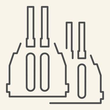 Çift namlulu silah ince çizgi ikonu. Mühimmat vektör çizimi beyaza izole edildi. Silah tasarımı, web ve uygulama için tasarlanmış. Eps 10.