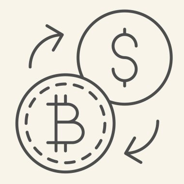 Bitcoin 'den dolara ince çizgi simgesi değişimi. Kripto para birimi değişim vektör çizimi beyaza izole edildi. Örümcek ağı ve uygulama için tasarlanmış oklarla şifreli para ve dolar tasarımı. Eps 10.