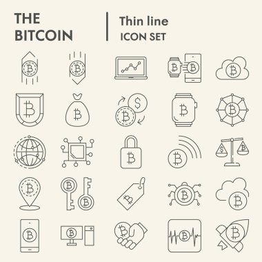 Bitcoin ince çizgi simgesi seti, kripto sembolleri koleksiyonu, vektör çizimleri, logo illüstrasyonları, dijital para birimi işaretleri beyaz arkaplanda izole edilmiş doğrusal piktogramlar paketi, ep 10.