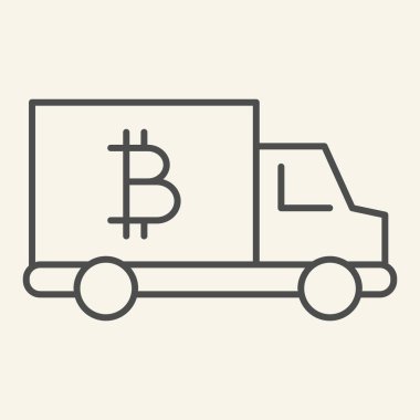 Bitcoin araba ince çizgi simgesi. Kripto van vektör çizimi beyaza izole edildi. Bitcoin taşıma tasarımı tasarımı, web ve uygulama için tasarlandı. Eps 10.