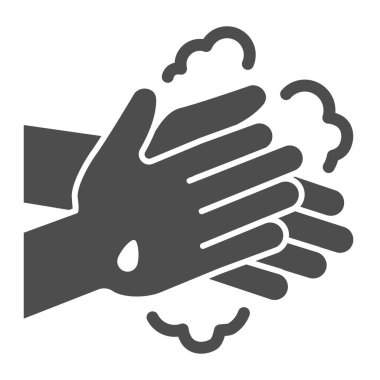 Elleri sabun ve su ile yıkayan kişi katı bir ikon. Beyaz arka planda düzgün temiz parmak hijyeni ile covid-19 glyph stili resim. Cep telefonu ve ağ için virüs işaretini engelle. Vektör grafikleri.